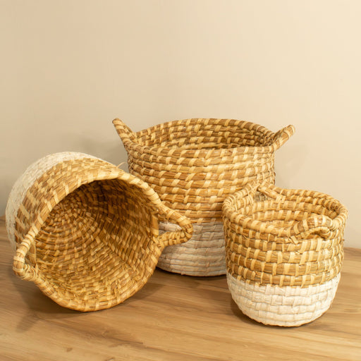Rattan White Dipped Hampers W/ Handles - Set of 3 - Solange & Frances