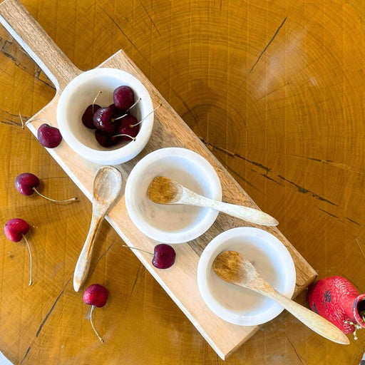 White Stone Serving Bowls w/ Mango Wood Spoons & Base - Set of 3 - Solange & Frances