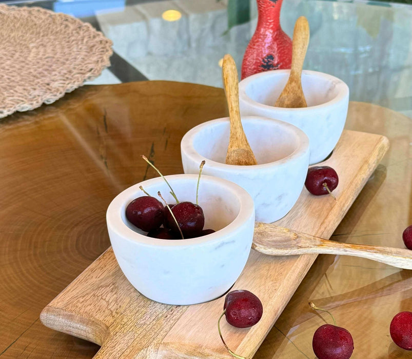 White Stone Serving Bowls w/ Mango Wood Spoons & Base - Set of 3 - Solange & Frances
