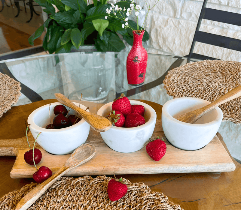 White Stone Serving Bowls w/ Mango Wood Spoons & Base - Set of 3 - Solange & Frances
