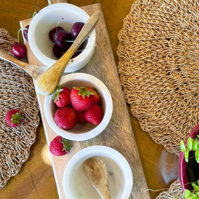 White Stone Serving Bowls w/ Mango Wood Spoons & Base - Set of 3 - Solange & Frances