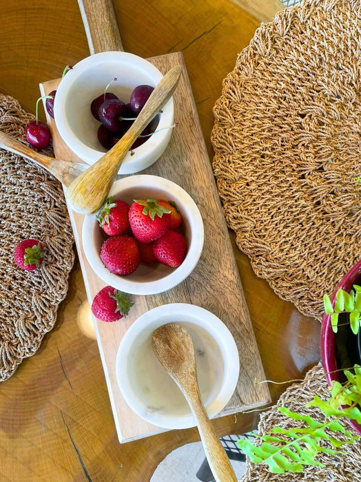 White Stone Serving Bowls w/ Mango Wood Spoons & Base- Set of 3 | Solange & Frances