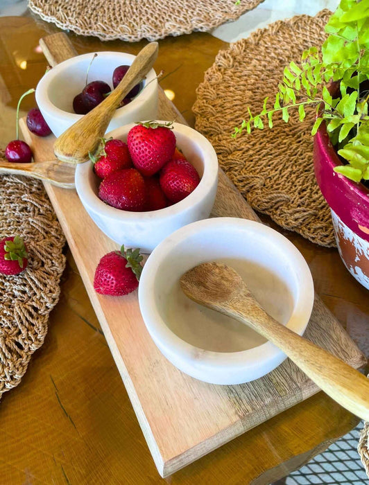 White Stone Serving Bowls w/ Mango Wood Spoons & Base- Set of 3 | Solange & Frances