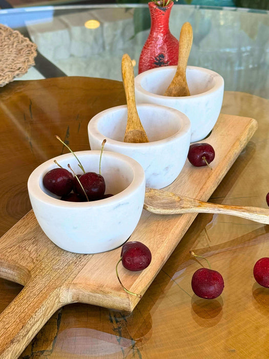 White Stone Serving Bowls w/ Mango Wood Spoons & Base- Set of 3 | Solange & Frances