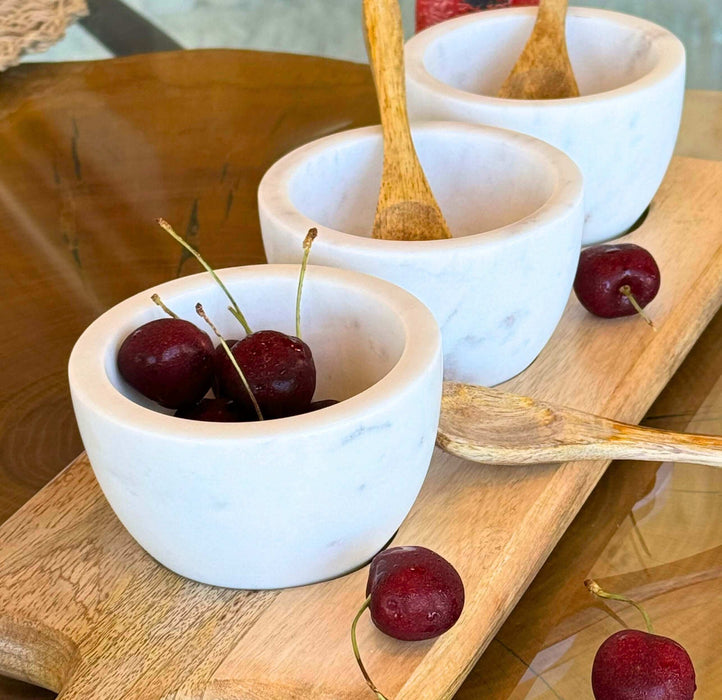 White Stone Serving Bowls w/ Mango Wood Spoons & Base- Set of 3 | Solange & Frances