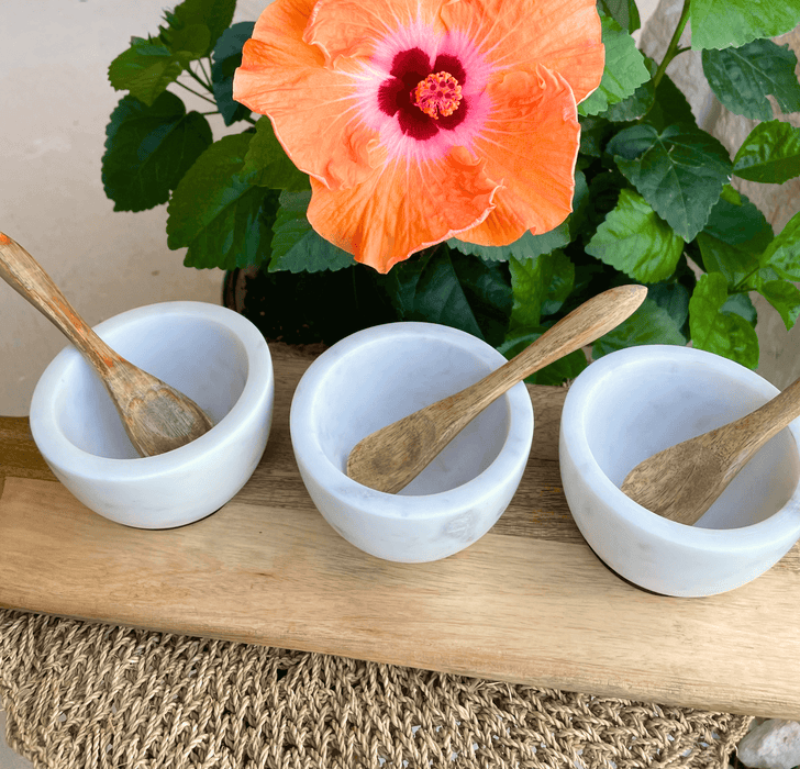 White Stone Serving Bowls w/ Mango Wood Spoons & Base- Set of 3 | Solange & Frances