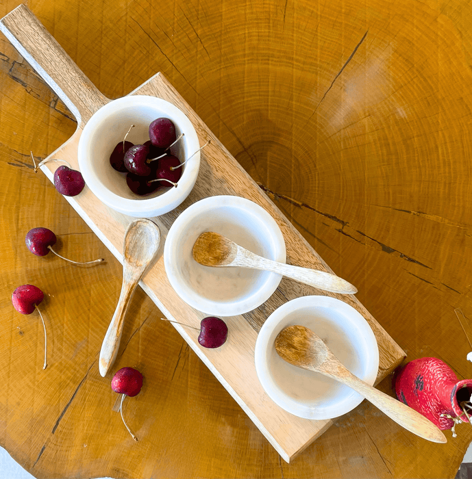 White Stone Serving Bowls w/ Mango Wood Spoons & Base- Set of 3 | Solange & Frances