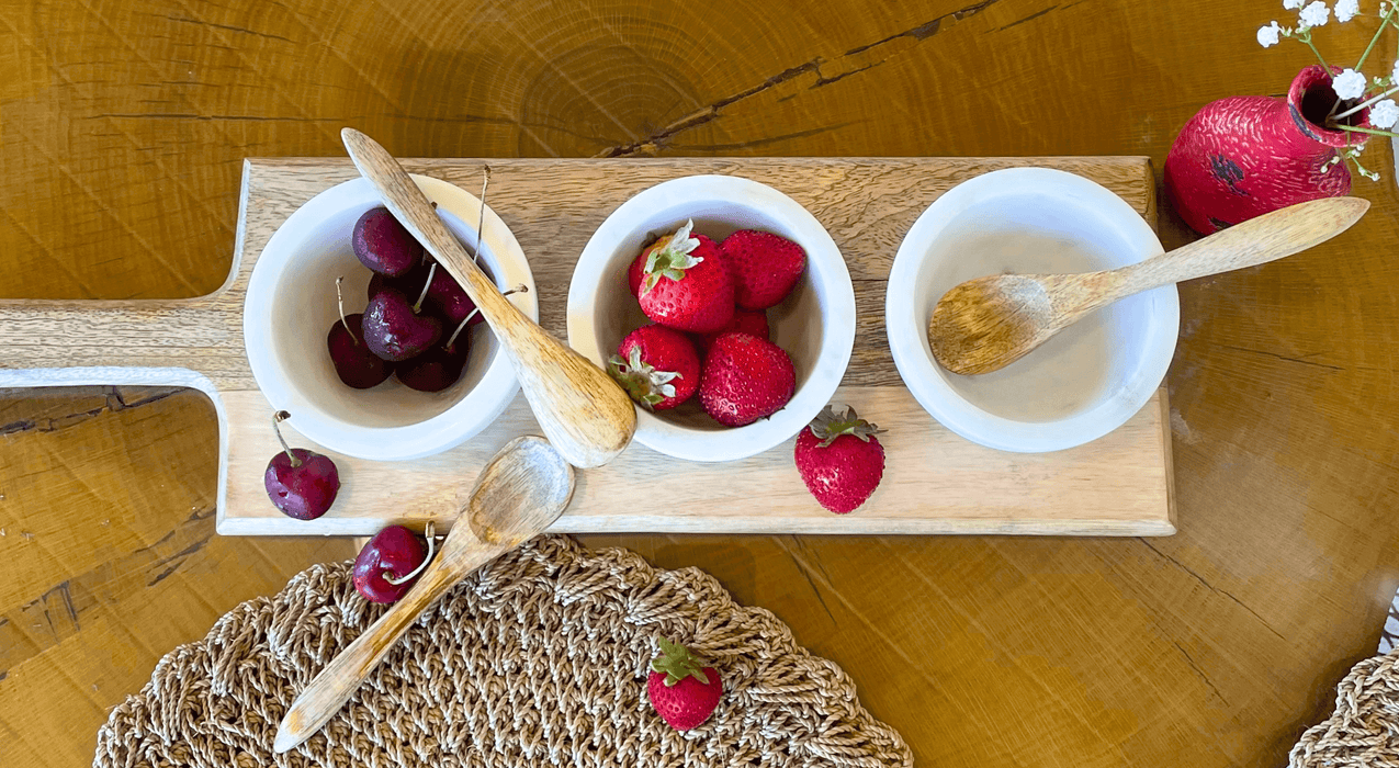 White Stone Serving Bowls w/ Mango Wood Spoons & Base- Set of 3 | Solange & Frances