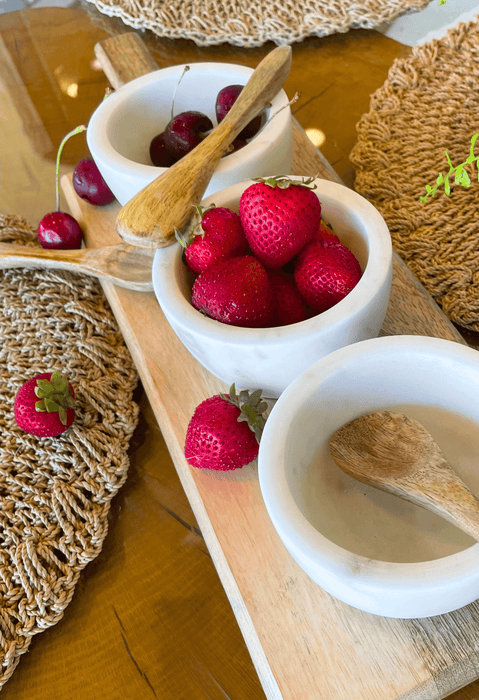 White Stone Serving Bowls w/ Mango Wood Spoons & Base- Set of 3 | Solange & Frances