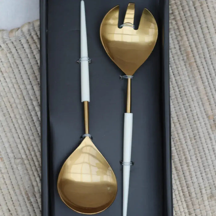 Gold Salad Servers w/ White Handles-Set of 2 | Solange & Frances