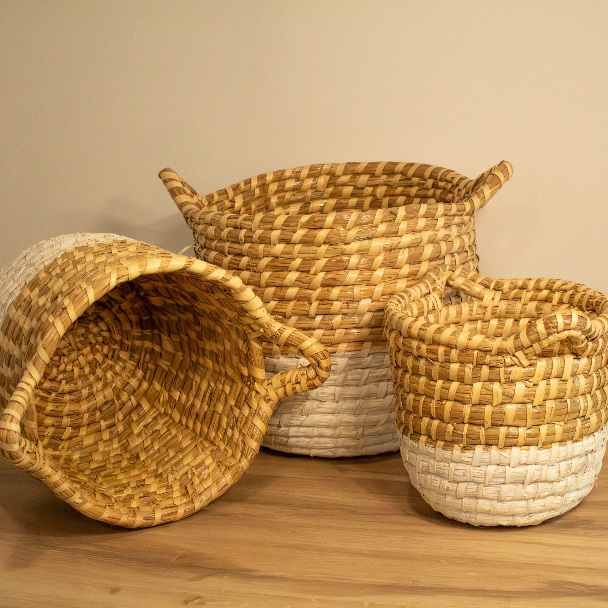 Rattan White Dipped Hampers W/ Handles - Set of 3 - Solange & Frances